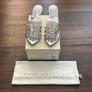 Good American NWT Jeweled Wedge Heel Silver Studded Women's Shoes w/Dust Bag.